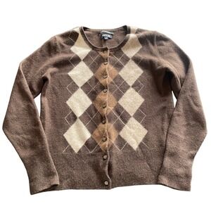 Y2k Cashmere Sweater Medium Brown Argyle Button Up Cardigan Vintage Eclectic